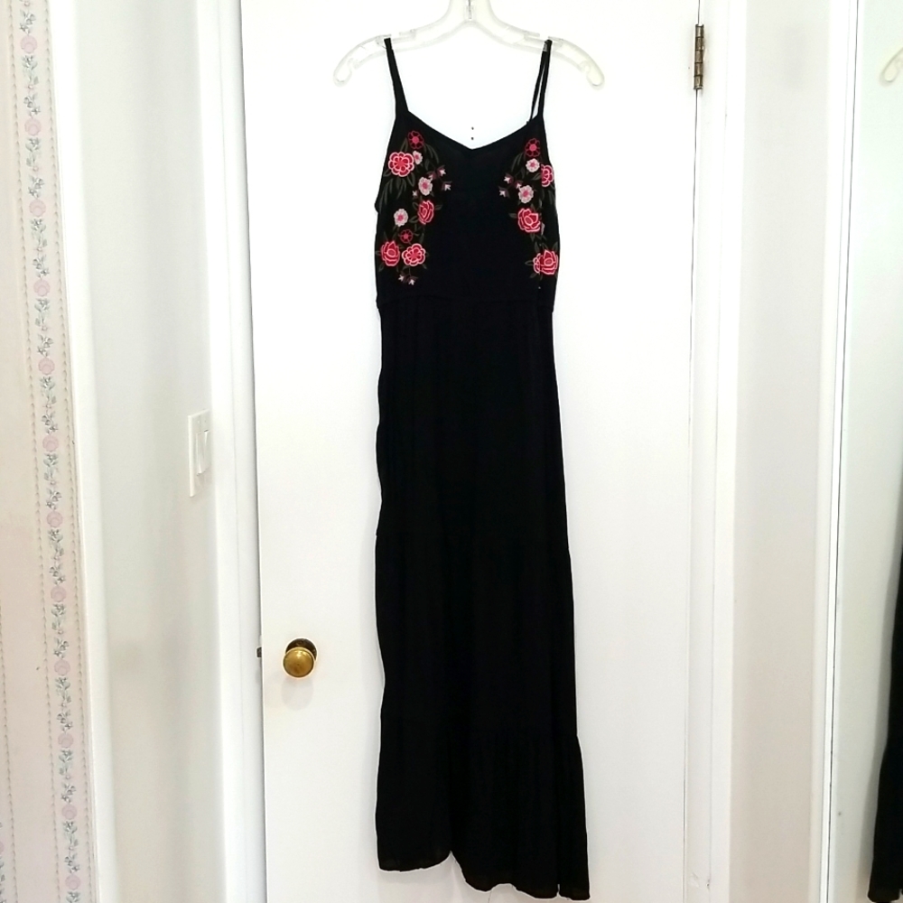 Black Embroidered Romantic Floral Summer Vacation Whimsigoth Boho Maxi Dress.